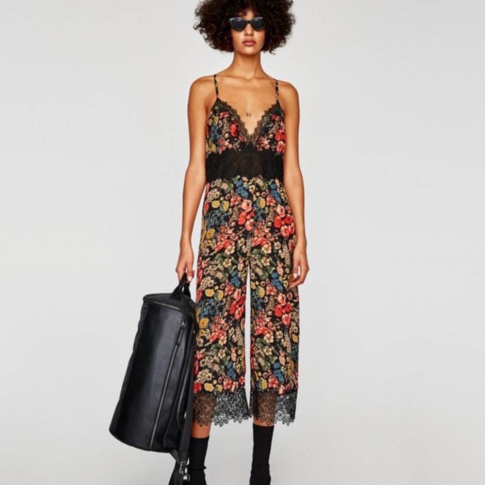 ZARA Cropped Lace Floral Print Jumpsuit